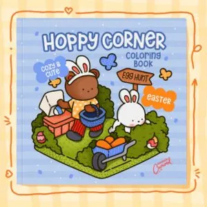 Pastel-colored Easter bunnies and spring flowers on the cover of Hoppy Corner, an adult coloring book in cozy cute kawaii sty
