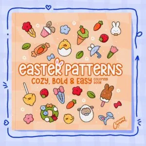 Colorful Easter egg and spring flower patterns on a cozy adult coloring book cover with hand-drawn designs
