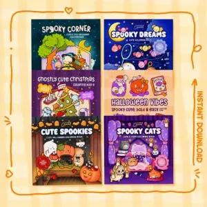 Spooky Bundle adult coloring book cover featuring cute hand-drawn Halloween characters and pumpkins in cozy kawaii style