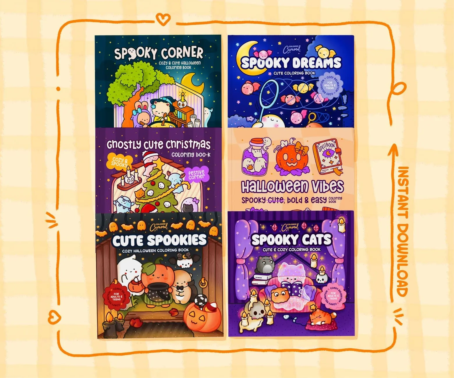 Spooky Bundle adult coloring book cover featuring cute hand-drawn Halloween characters and pumpkins in cozy kawaii style