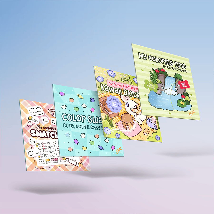 Colorful hand-drawn cover for The Ultimate Coloring Practice Bundle adult coloring book, featuring cute kawaii-style illustra