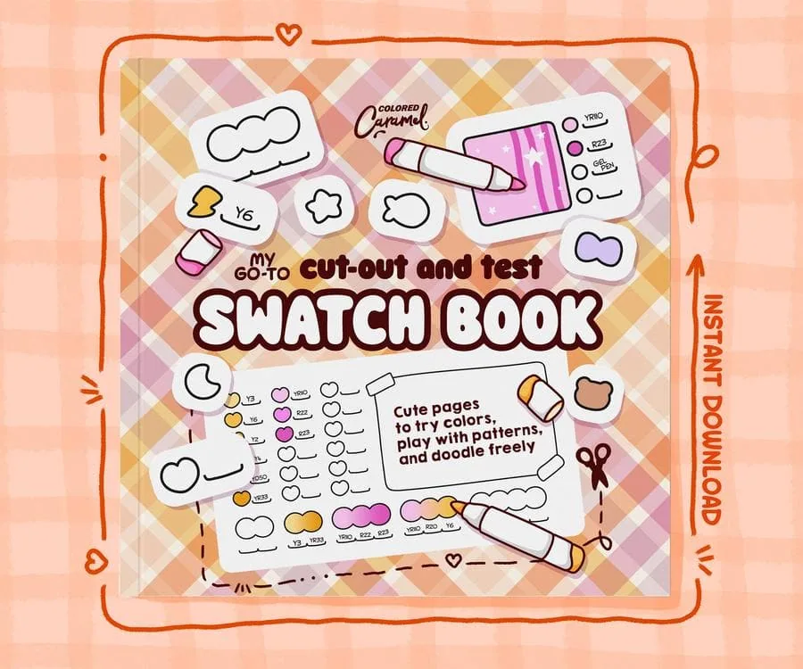 Colorful hand-drawn cover of an adult coloring book featuring cute kawaii-style illustrations and decorative swatches in soft