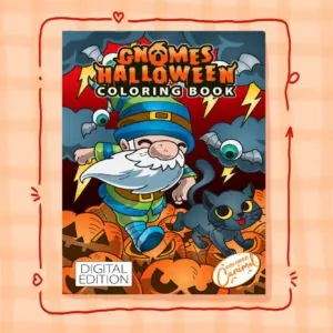 Halloween gnomes adult coloring book cover with hand-drawn cute gnomes in festive costumes and autumn decorations ready to co