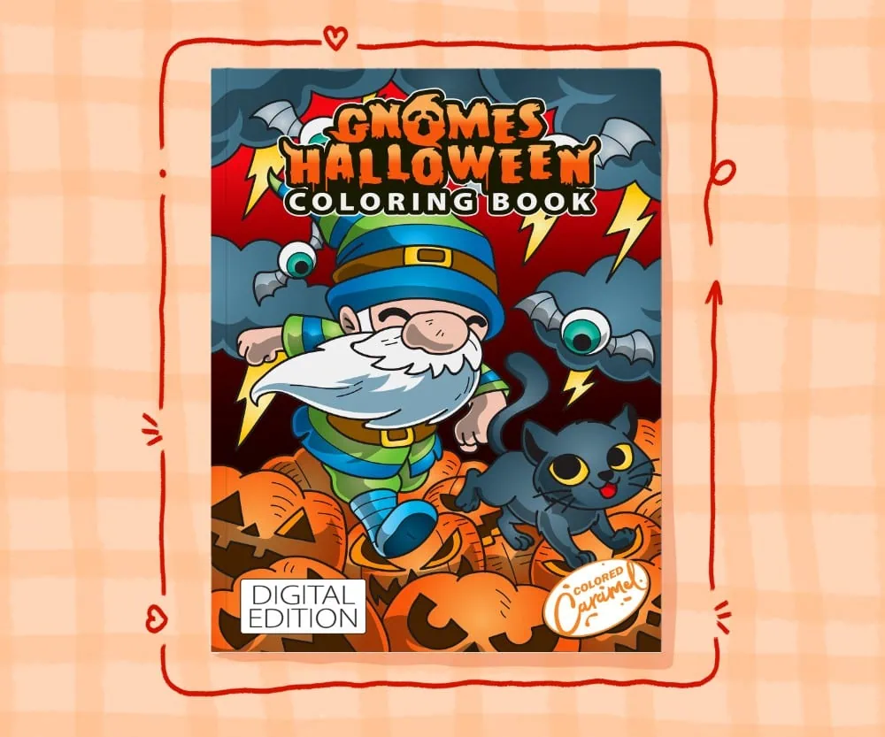 Halloween gnomes adult coloring book cover with hand-drawn cute gnomes in festive costumes and autumn decorations ready to co