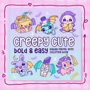Hand-drawn kawaii pastel goth characters and motifs on the cover of an adult coloring book titled Creepy Cute Bold Easy