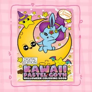 Kawaii Pastel Goth adult coloring book cover featuring cute gothic characters and whimsical designs in soft pastel colors