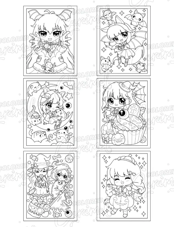 Chibi Halloween coloring sheet with bat girl, candy, and kawaii spooky decorations.