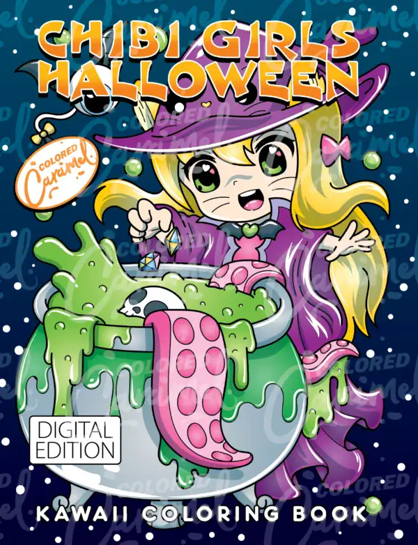 Cover of the Chibi Girls Halloween Kawaii Coloring Book featuring a cute witch stirring a magical cauldron.