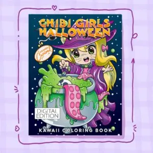 Chibi girls in Halloween costumes on a kawaii-style adult coloring book cover with hand-drawn cute characters and festive dec