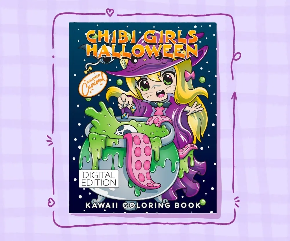 Chibi girls in Halloween costumes on a kawaii-style adult coloring book cover with hand-drawn cute characters and festive dec