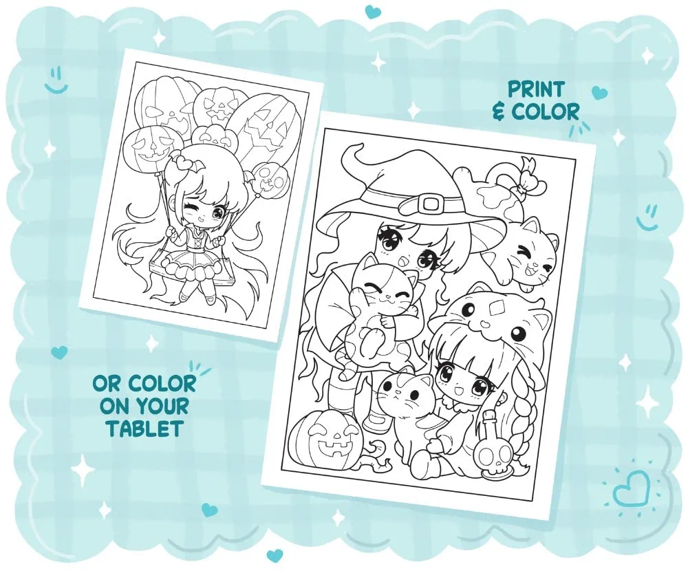 Chibi Girls Halloween Kawaii Coloring Book, coloring page preview 5