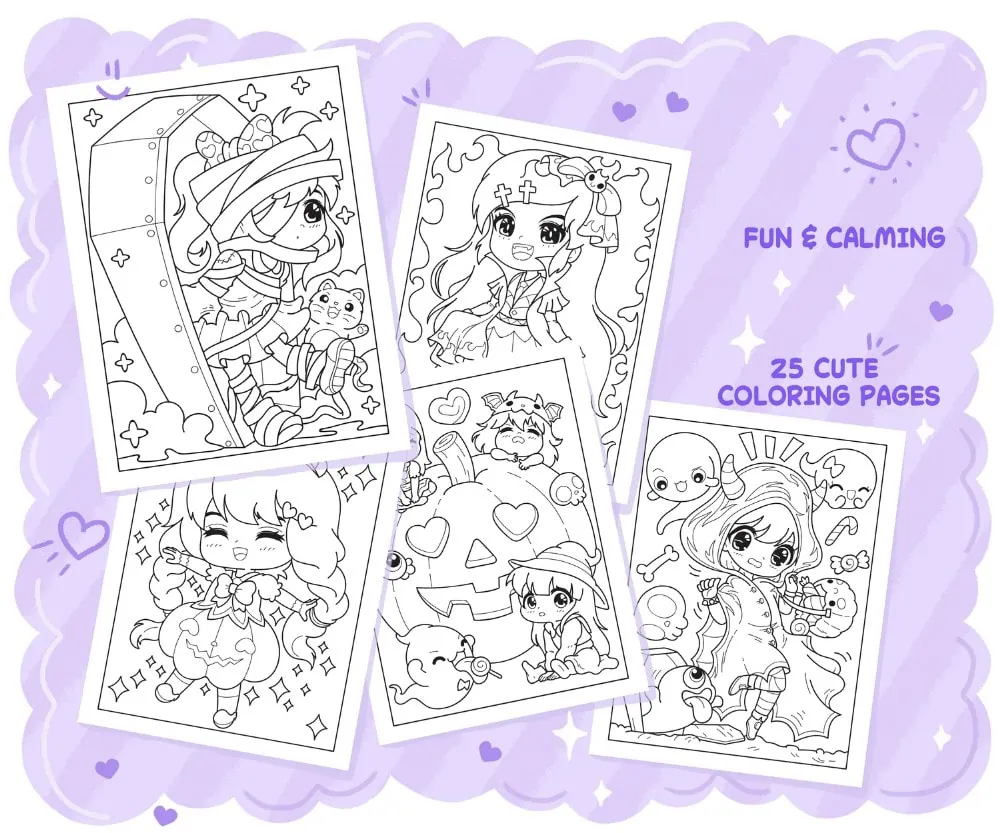 Chibi Girls Halloween Kawaii Coloring Book, coloring page preview 2