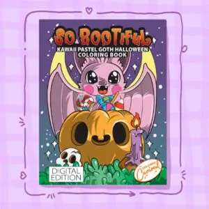 Kawaii pastel goth Halloween adult coloring book cover with cute ghost, pumpkin, and bat illustrations in soft pink and purpl