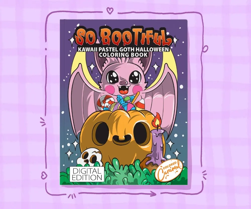 Kawaii pastel goth Halloween adult coloring book cover with cute ghost, pumpkin, and bat illustrations in soft pink and purpl