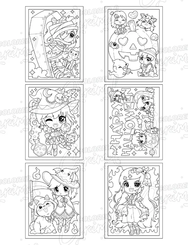 Fun Halloween coloring page showing chibi girls trick-or-treating with costumes and sweets