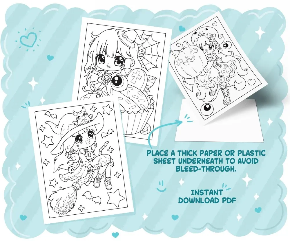 Chibi Girls Halloween Kawaii Coloring Book, coloring page preview 1
