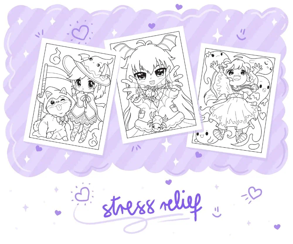Chibi Girls Halloween Kawaii Coloring Book, coloring page preview 4