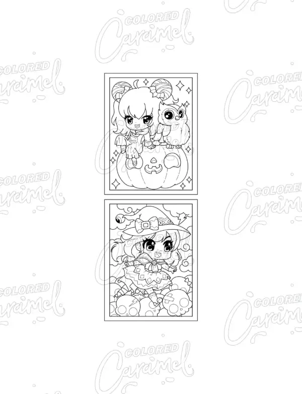 chibi girls celebrating around pumpkins and festive decorations