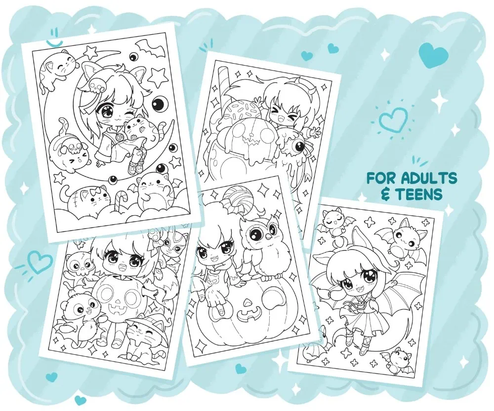 Chibi Girls Halloween Kawaii Coloring Book, coloring page preview 3