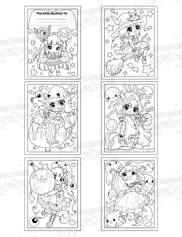 chibi witches, pumpkins, and spooky Halloween details.