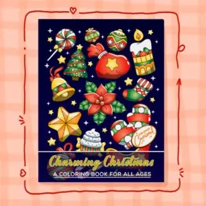 Cover of Charming Christmas adult coloring book featuring hand-drawn festive designs with cute holiday characters and cozy de