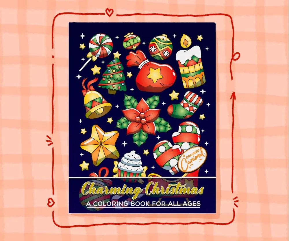 Cover of Charming Christmas adult coloring book featuring hand-drawn festive designs with cute holiday characters and cozy de