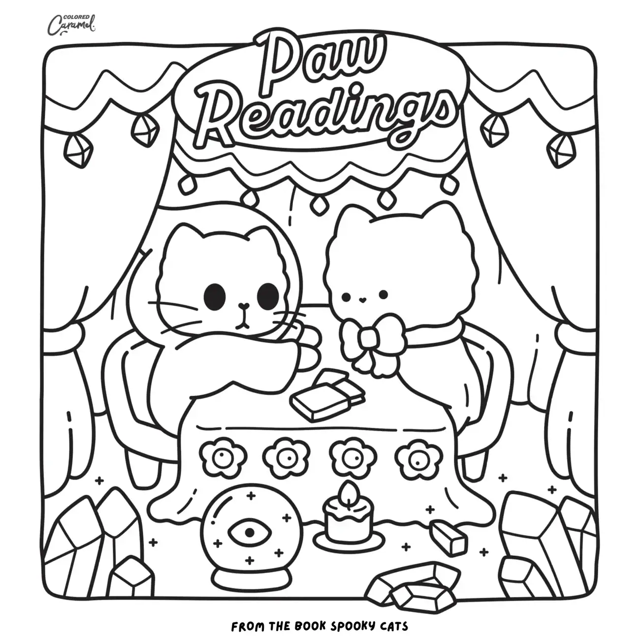 halloween cats paw reading coloring page.