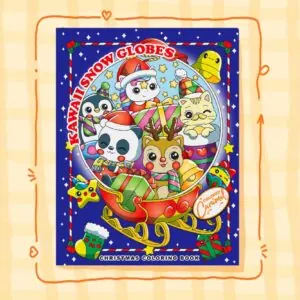 Colorful illustrated cover of a kawaii Christmas adult coloring book featuring cute holiday characters and festive designs in