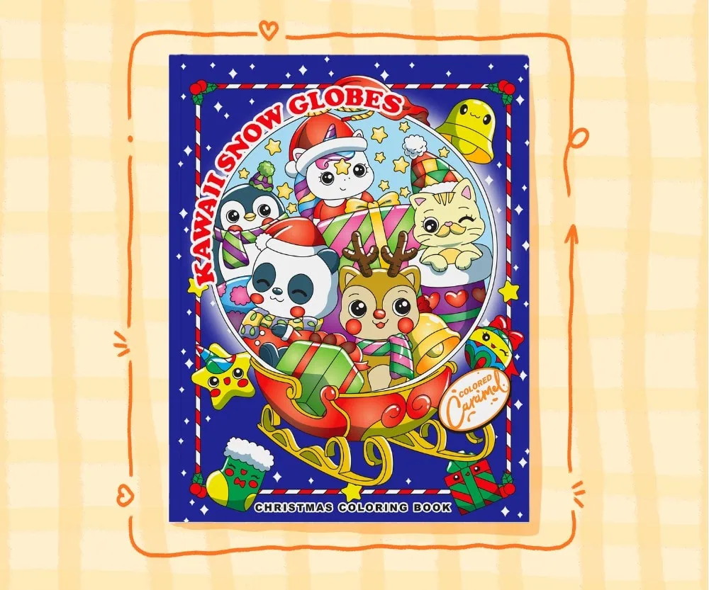 Colorful illustrated cover of a kawaii Christmas adult coloring book featuring cute holiday characters and festive designs in