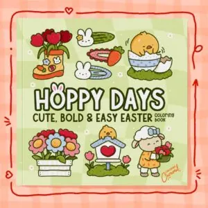 Cute Easter-themed adult coloring book cover featuring hand-drawn bunnies, eggs, and spring flowers in bold kawaii style