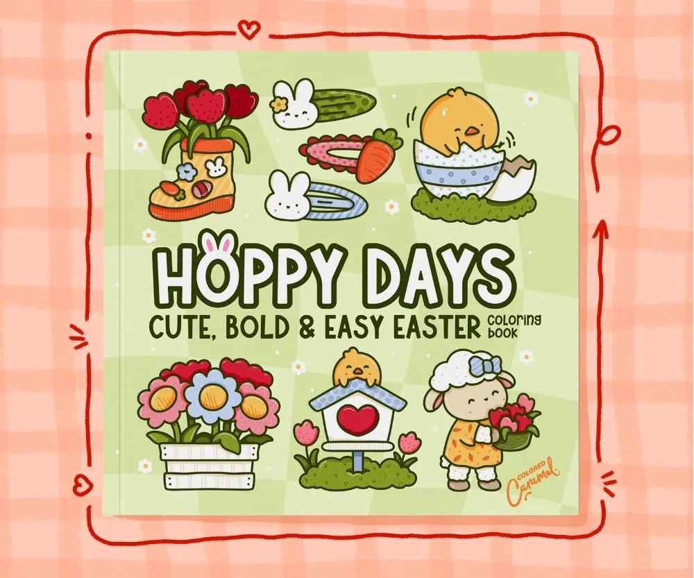 Cute Easter-themed adult coloring book cover featuring hand-drawn bunnies, eggs, and spring flowers in bold kawaii style