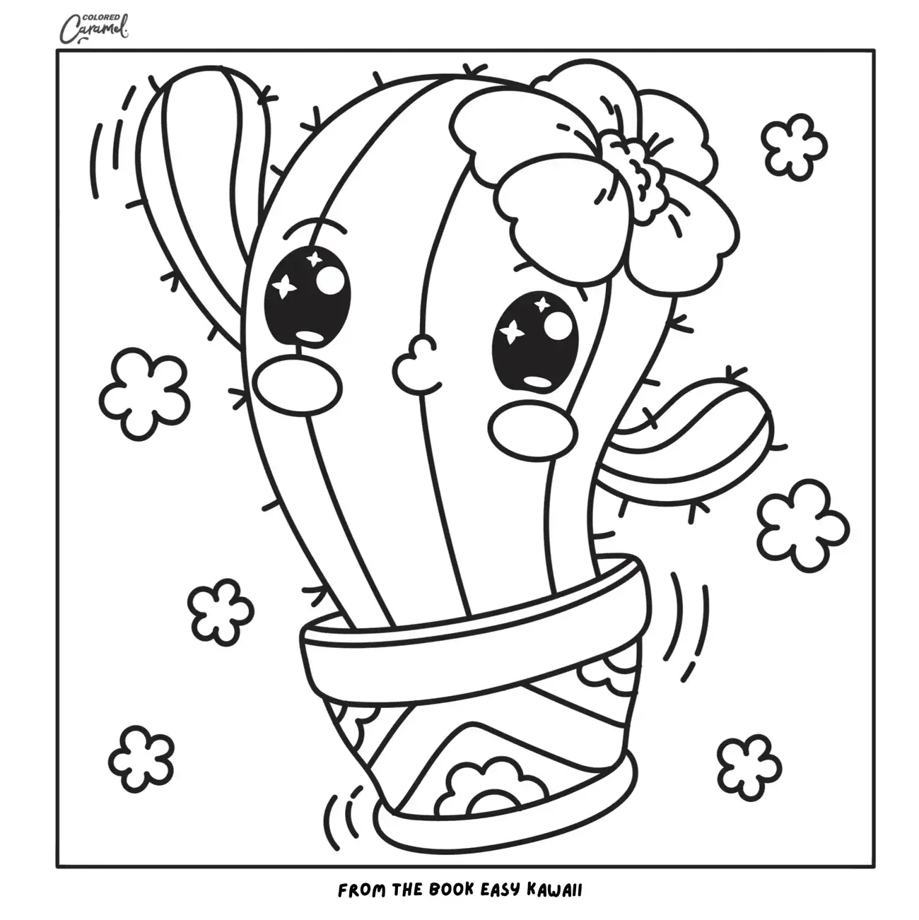 Smiling kawaii cactus in a patterned pot with flowers.