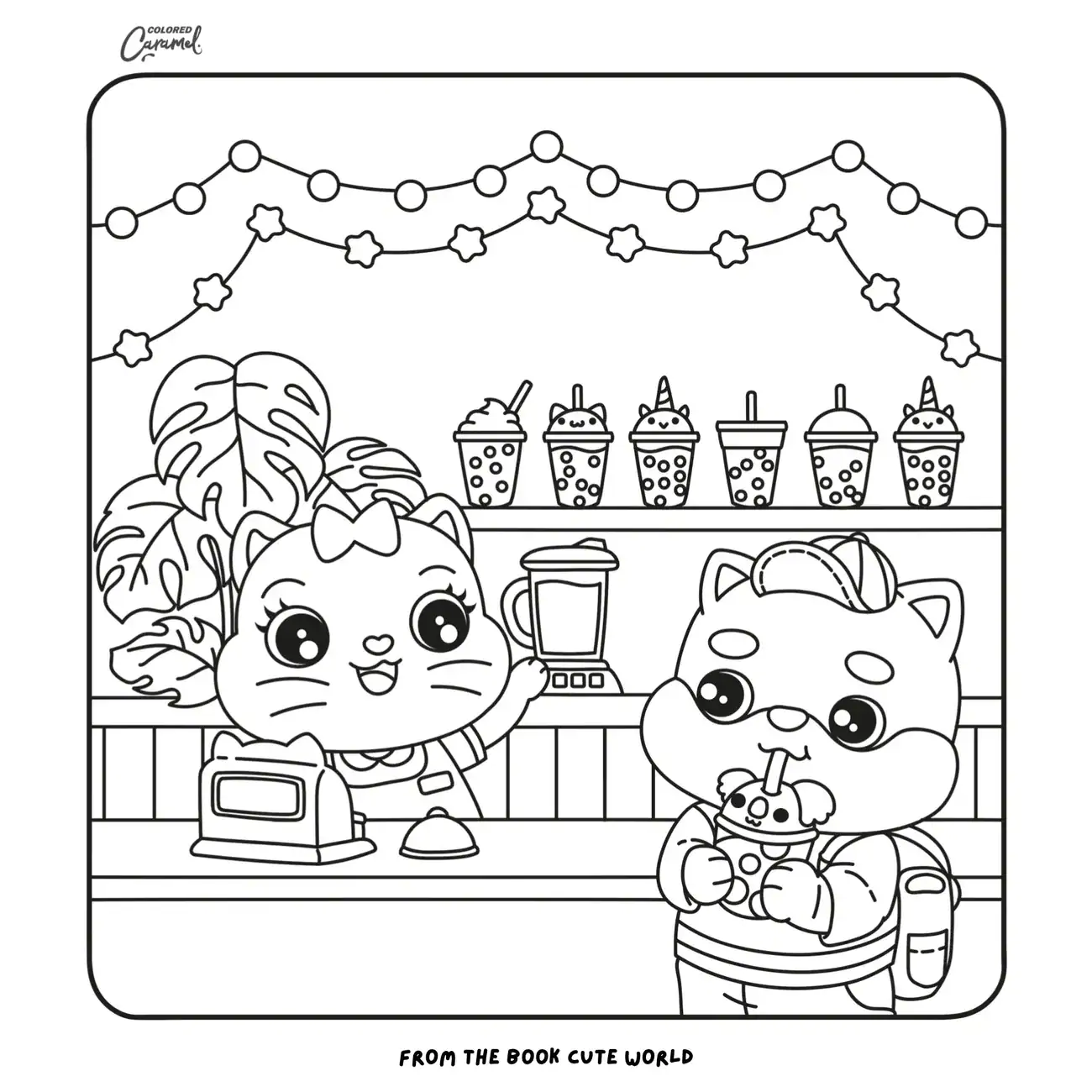 Adorable kawaii cats serving bubble tea at a cafe counter.