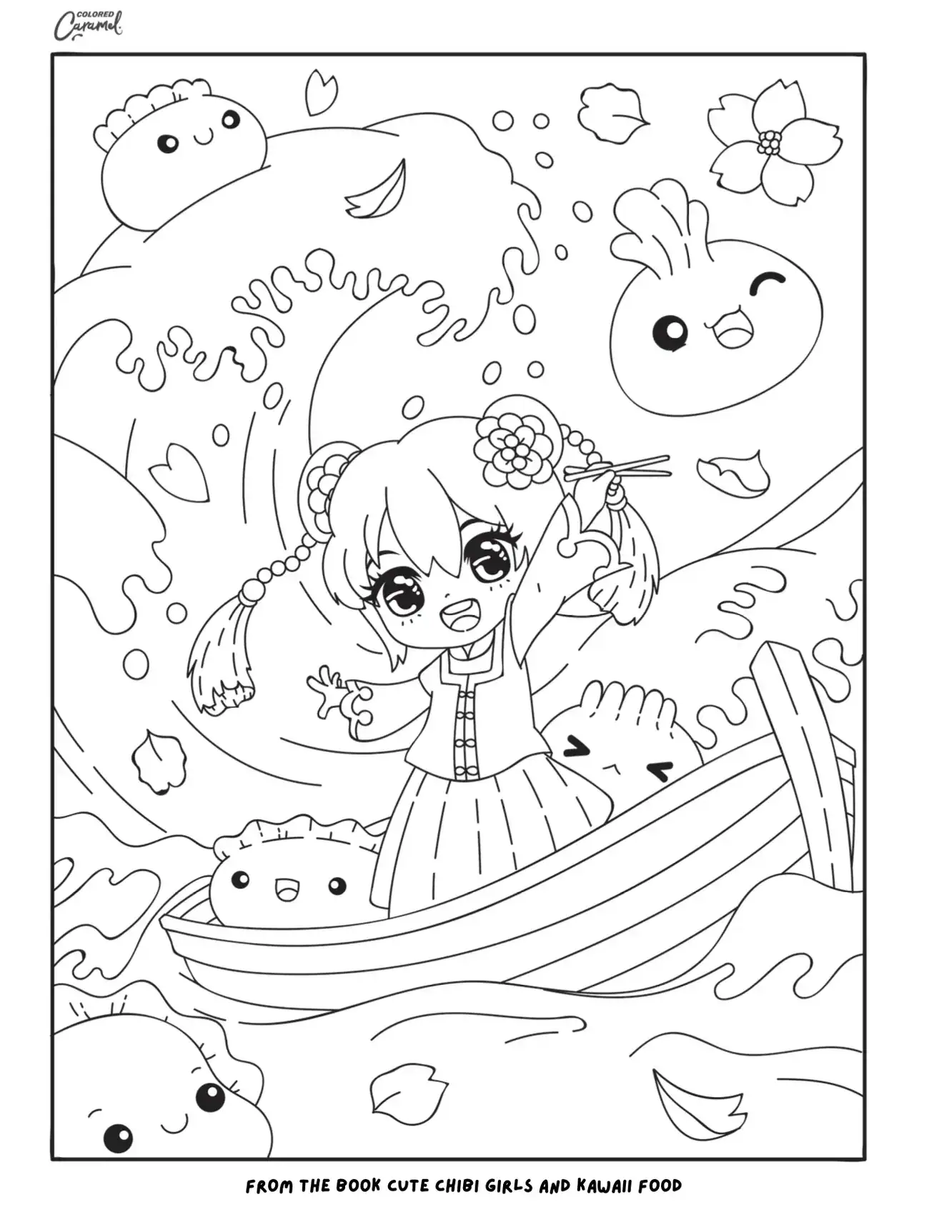 Fun kawaii chibi girl rowing a boat surrounded by smiling dumplings and waves.