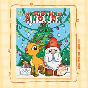 Illustrated cover of Christmas Gnomes adult coloring book featuring hand-drawn gnomes in holiday hats and scarves in cozy kaw
