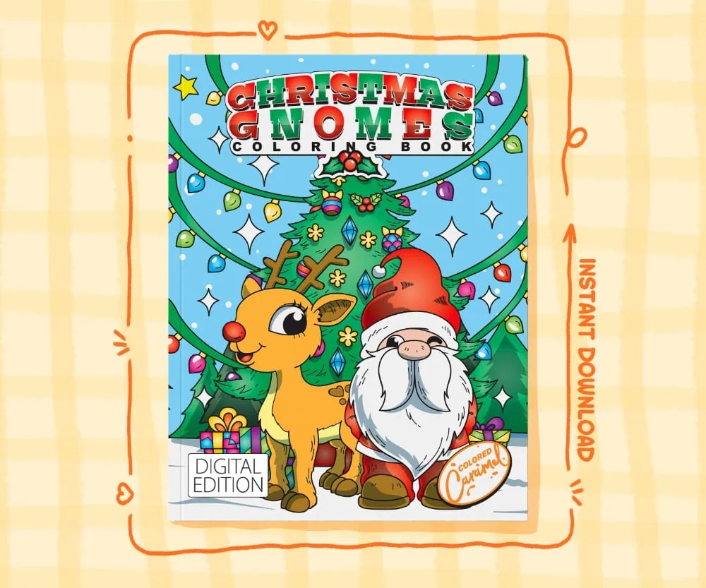 Illustrated cover of Christmas Gnomes adult coloring book featuring hand-drawn gnomes in holiday hats and scarves in cozy kaw