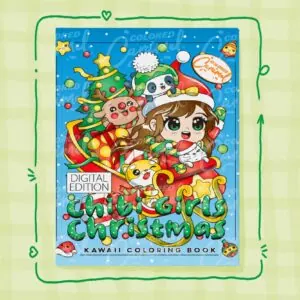 Cute chibi girls in winter outfits and Santa hats illustrated on cover of adult coloring book with snowflakes and holiday dec