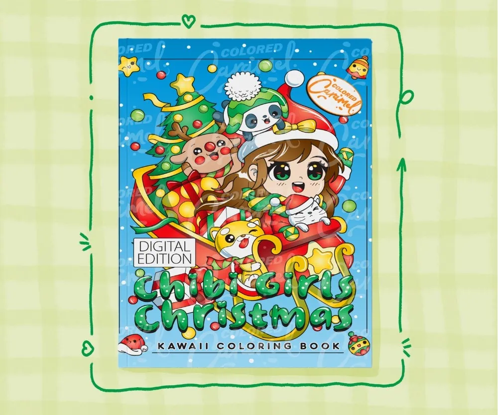 Cute chibi girls in winter outfits and Santa hats illustrated on cover of adult coloring book with snowflakes and holiday dec
