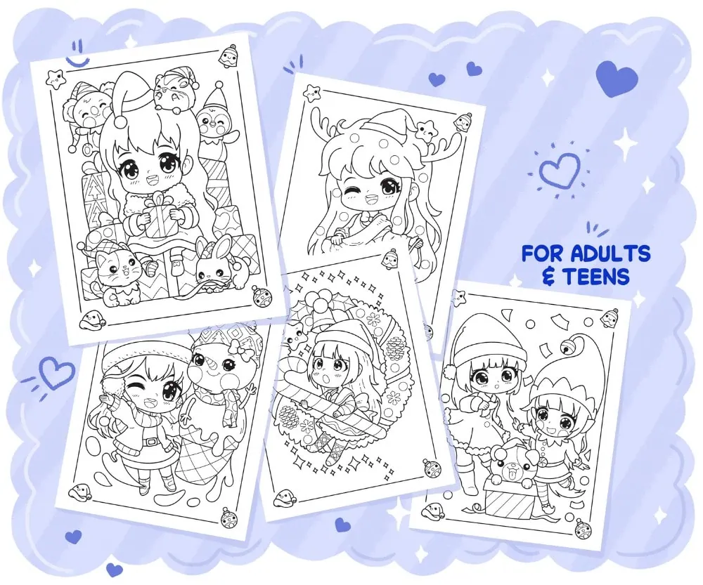Chibi Girls Christmas Coloring Book, coloring page preview 4