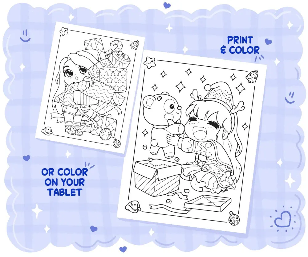 Chibi Girls Christmas Coloring Book, coloring page preview 6