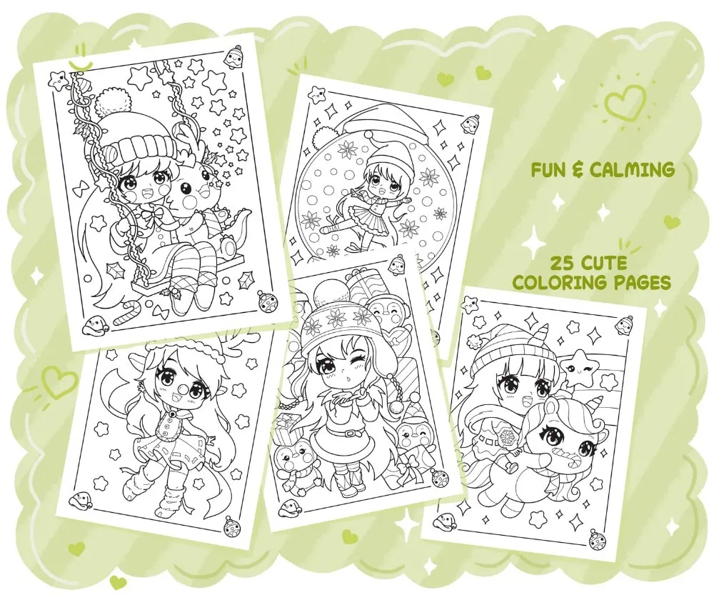 Chibi Girls Christmas Coloring Book, coloring page preview 3
