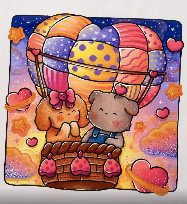 Page de coloriage terminée avec un mélange de marqueurs à alcool lisse montrant une montgolfière colorée et des animaux dans un panier.