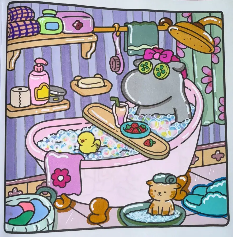 Kleurplaat gevuld met alcoholstiften met grote gemêleerde achtergrondvlakken.