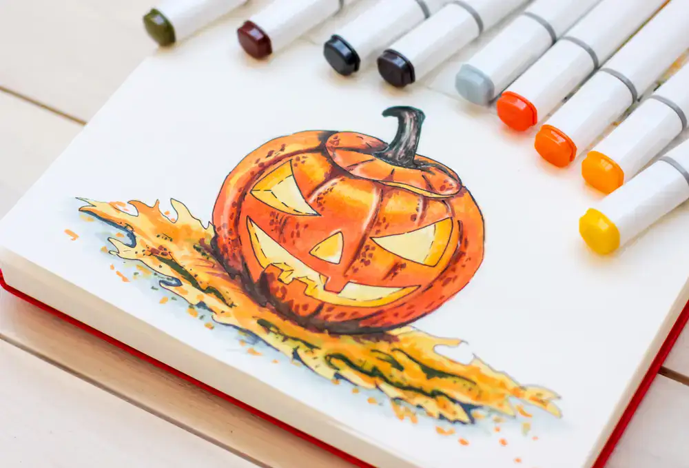 Illustratie van een pompoen ingekleurd met alcoholmarkers met gelaagde arceringen en verzachte donkere schaduwen.