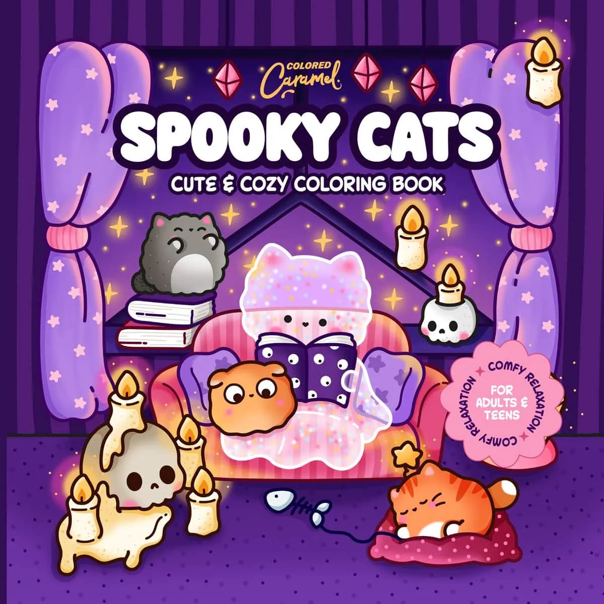 Spooky Cats cute and cozy coloring book cover by Colored Caramel