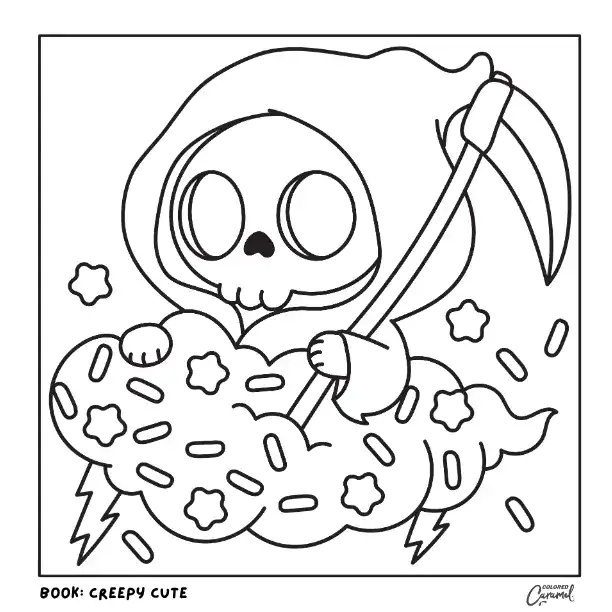 Cute grim reaper sitting on a cloud with sprinkles holding a scythe.