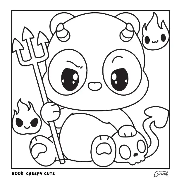 Kawaii devil bear holding a trident with flames and skull.