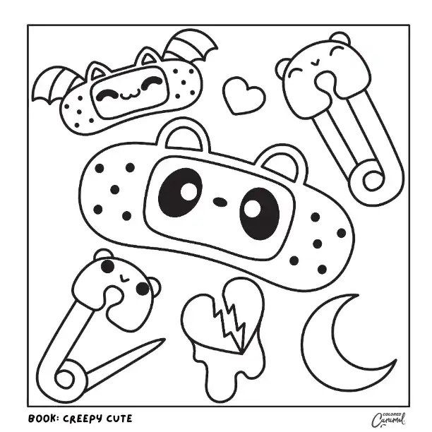 Kawaii pastel goth bandages broken heart and moon icons.