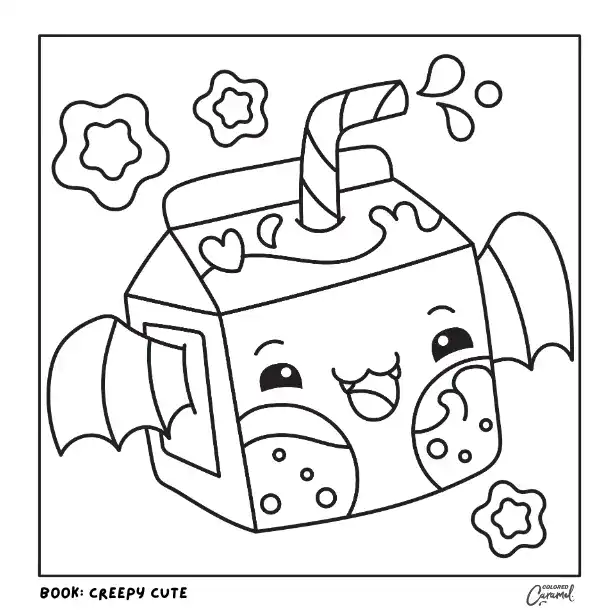 Cute pastel goth milk carton with bat wings and a smiling face coloring page.