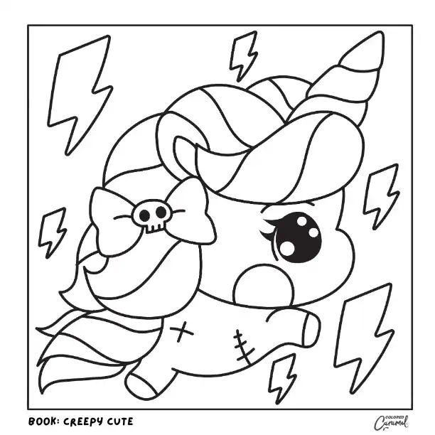 Kawaii gothic unicorn plush with stitched details and skull bow coloring page.